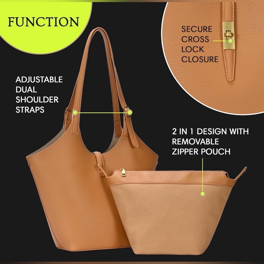 Miztique Cognac Isabelle 2 In 1 Scoop Neck Tote Vegan Leather Removable Pouch - Picture 15 of 16